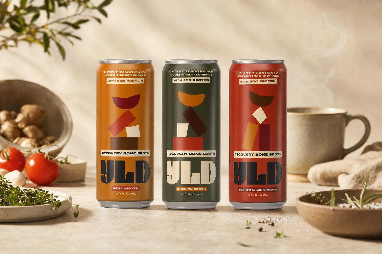 The three YLD flavors: Beef, Chicken, and Tomato Basil Chicken, on a warm kitchen counter